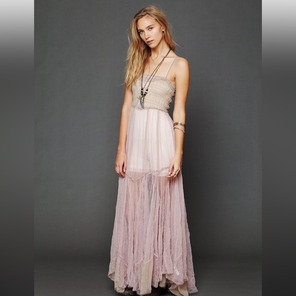 Intimately Free People Raw Tulle Maxi Slip Dress Pink & Tan Women’s Size M